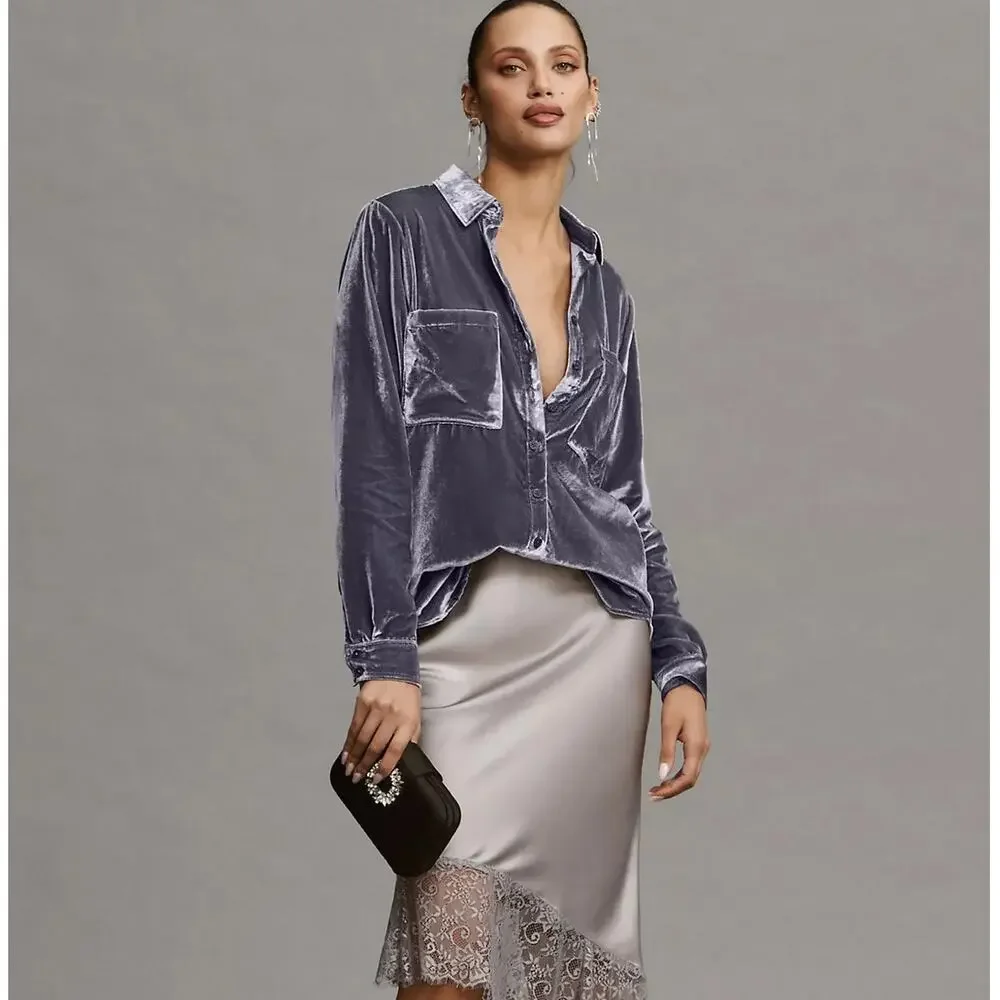 pilcro anthropologie hadley purple relaxed velvet buttondown shirt blouse - Picture 2 of 10